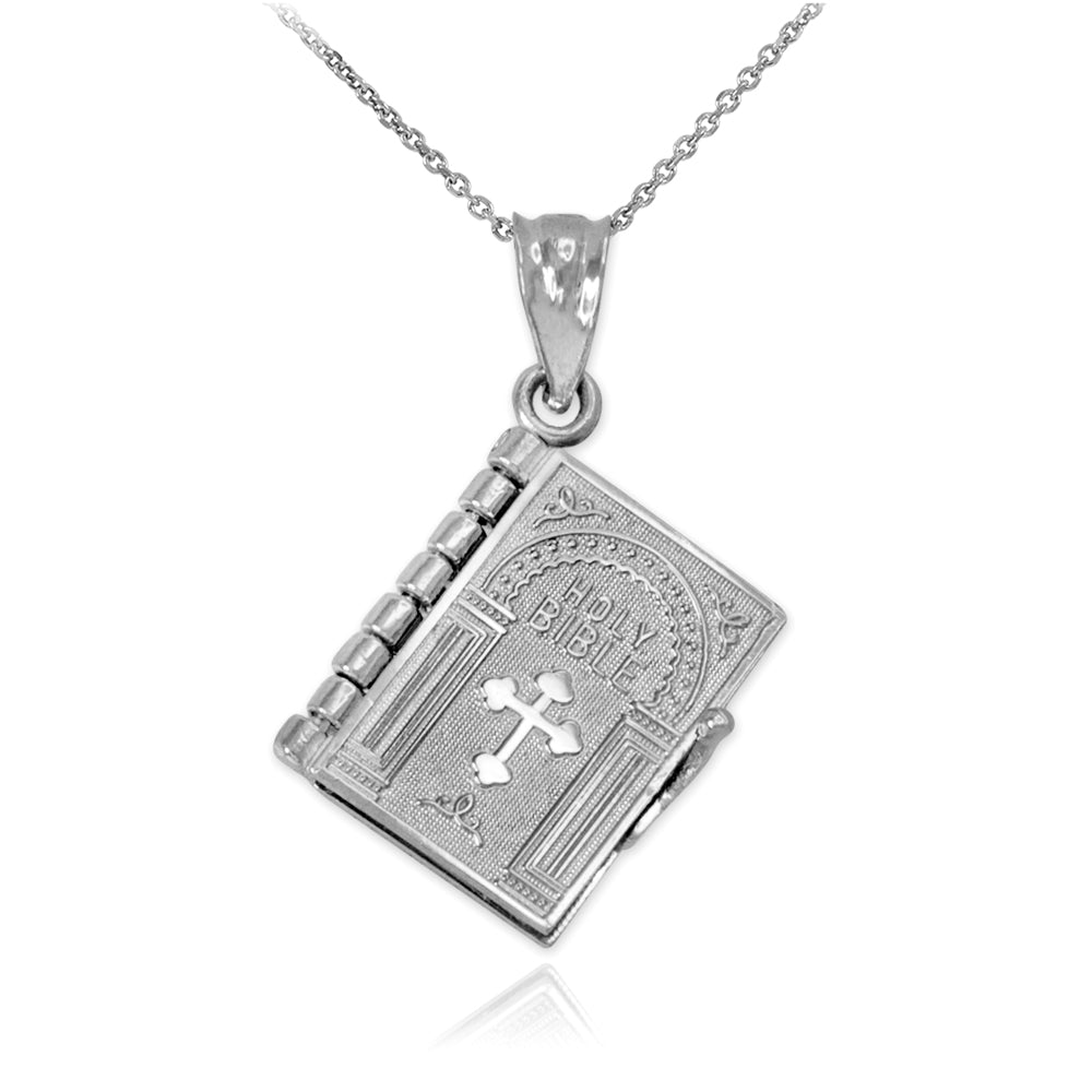Sterling Silver Religious Open Holy Bible Lord's Prayer Pendant Necklace