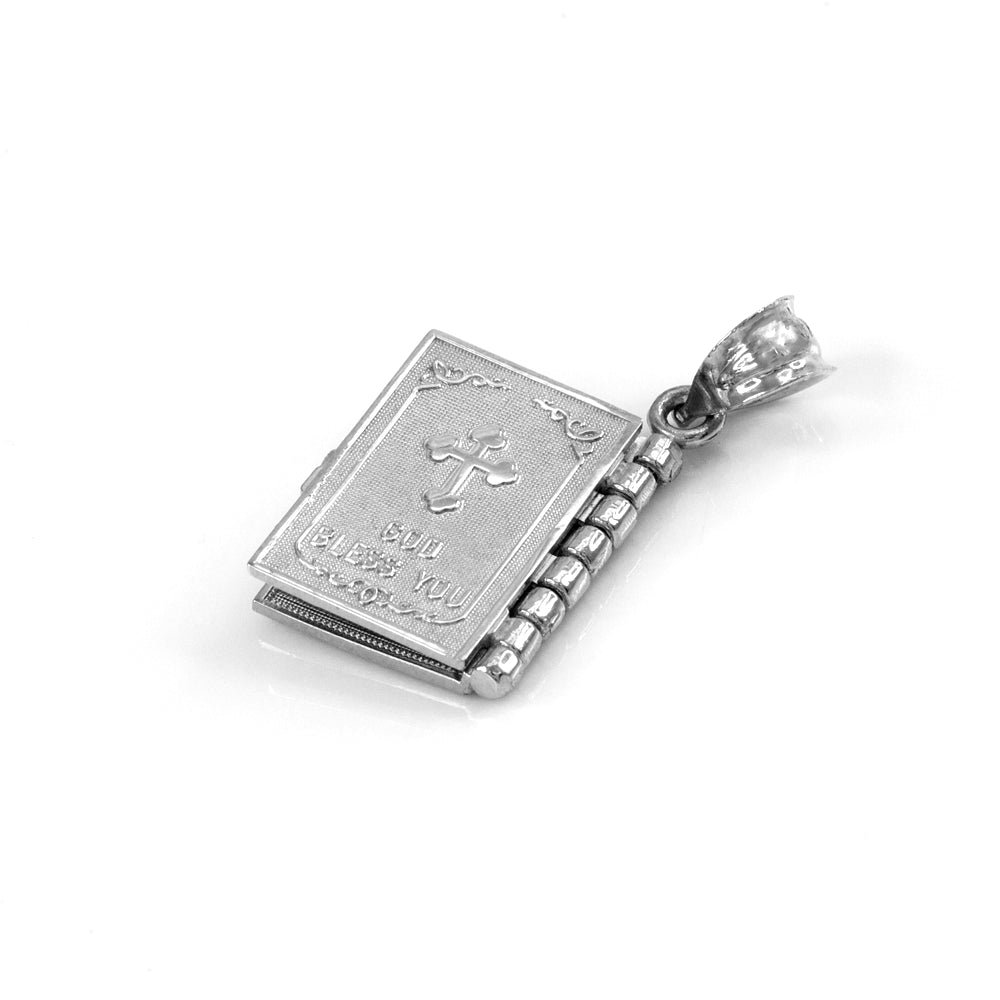 Sterling Silver Religious Open Holy Bible Lord's Prayer Pendant Necklace, view 2