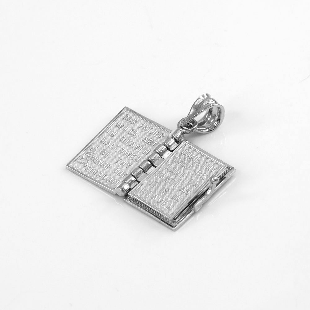 Sterling Silver Religious Open Holy Bible Lord's Prayer Pendant Necklace, view 4