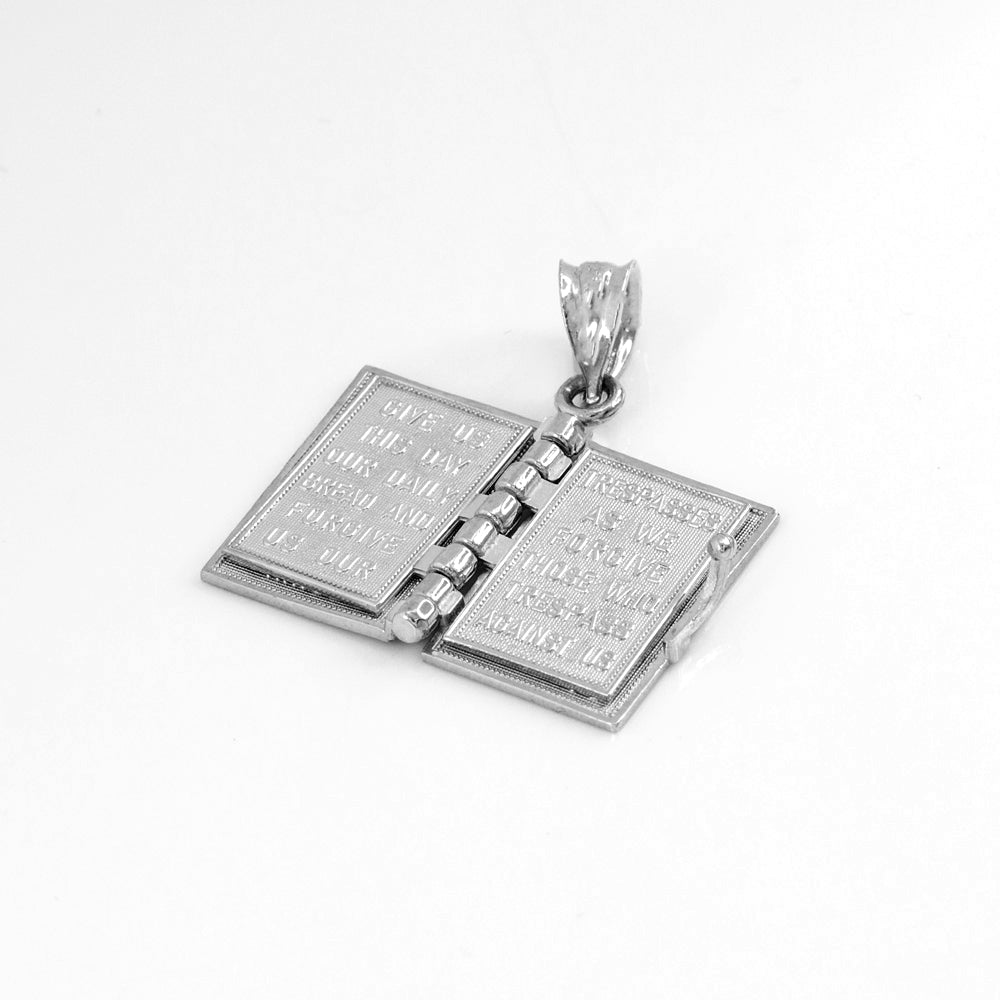 Sterling Silver Religious Open Holy Bible Lord's Prayer Pendant Necklace, view 5
