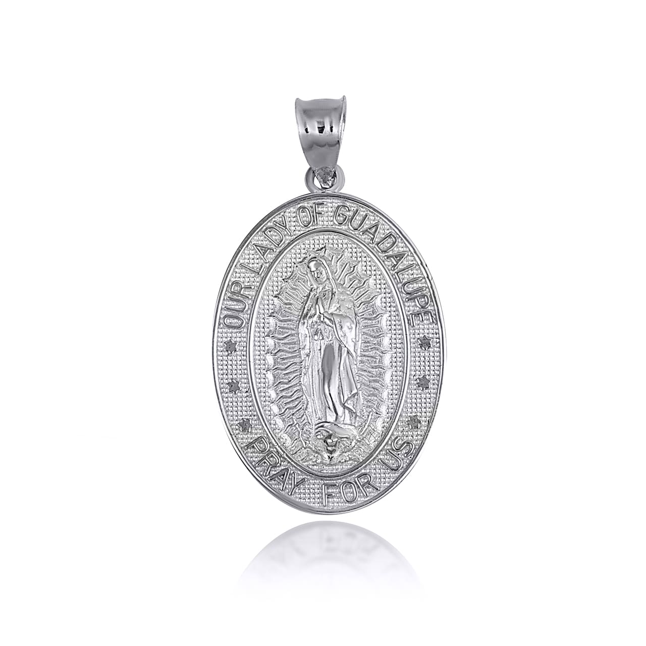 Sterling Silver Religious Our Lady of Guadalupe Beaded Oval Medallion Pendant Necklace