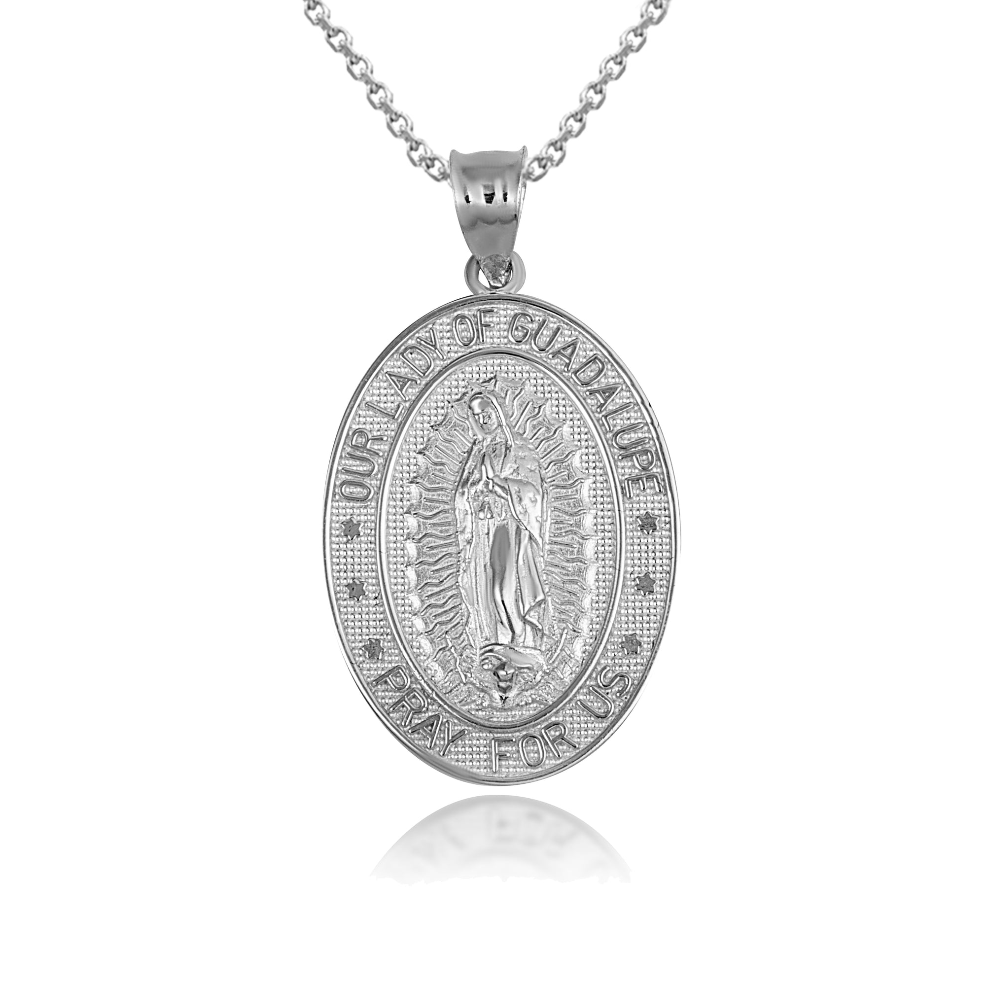 Sterling Silver Religious Our Lady of Guadalupe Beaded Oval Medallion Pendant Necklace, view 5