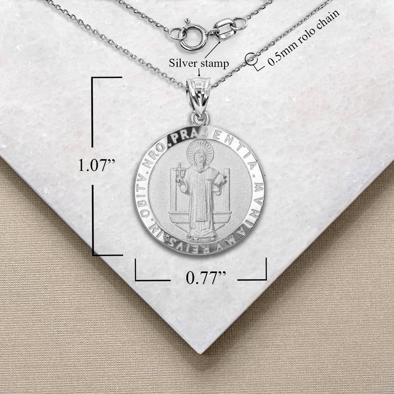 Sterling Silver Religious Patron Saint Benedict Medallion Pendant Necklace, view 4
