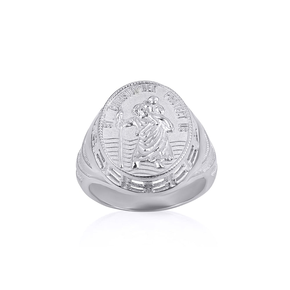 Sterling Silver Religious Patron Saint Christopher Protection Beaded Oval Signet Ring