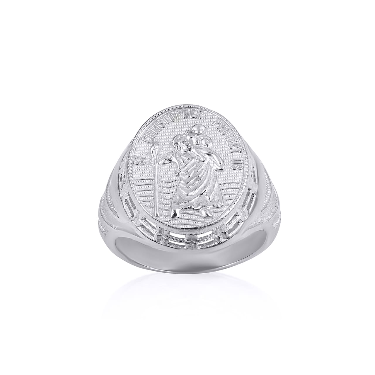 Sterling Silver Religious Patron Saint Christopher Protection Beaded Oval Signet Ring