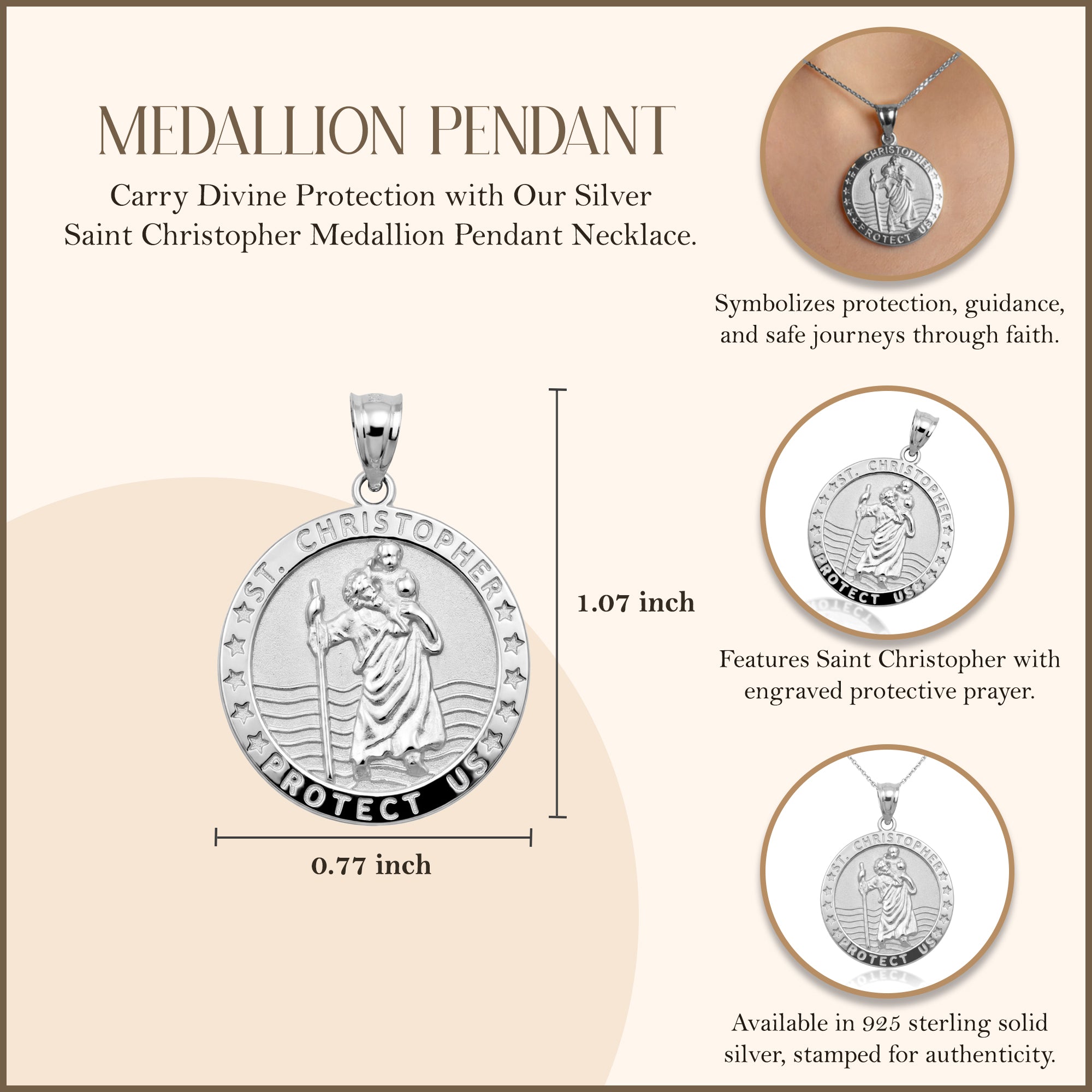Sterling Silver Religious Patron Saint Christopher Protection Medallion Pendant Necklace, view 2