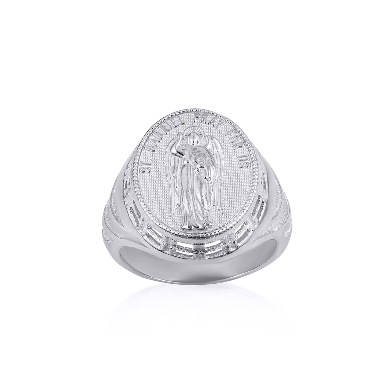 Sterling Silver Religious Patron Saint Gabriel Archangel Beaded Oval Signet Ring