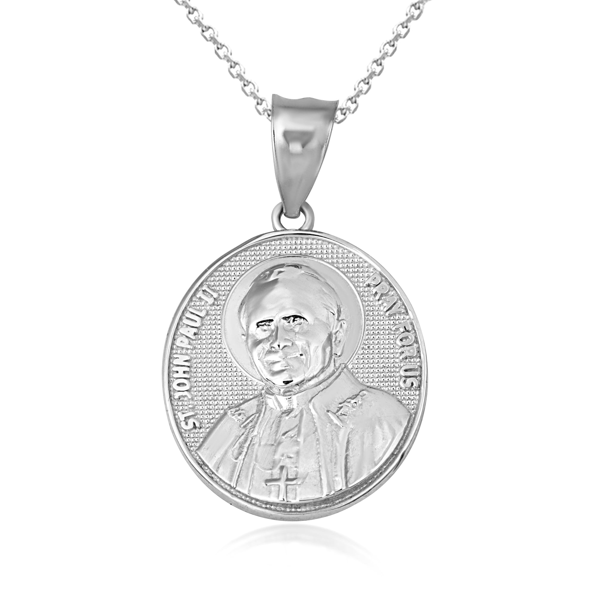 Sterling Silver Religious Patron Saint John Paul II Beaded Medallion Pendant Necklace, view 4