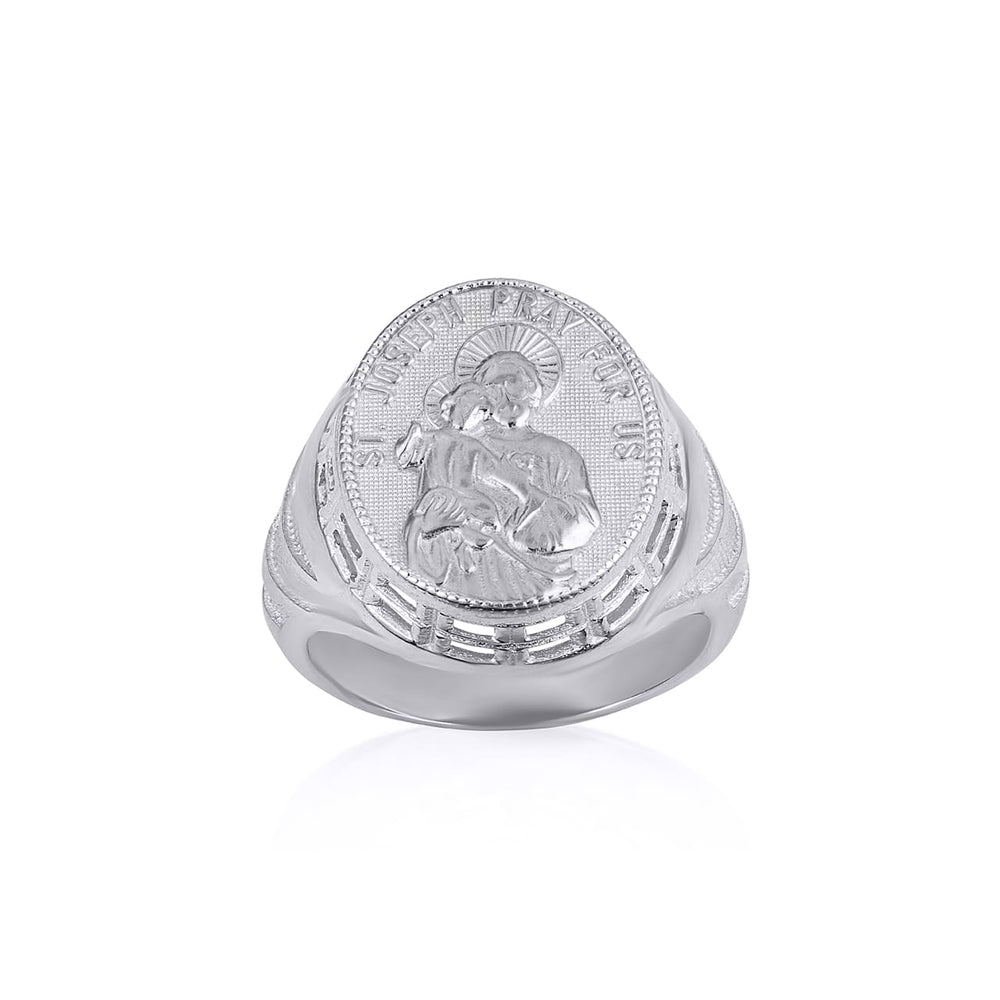 Sterling Silver Religious Patron Saint Joseph Baby Jesus Beaded Oval Signet Ring