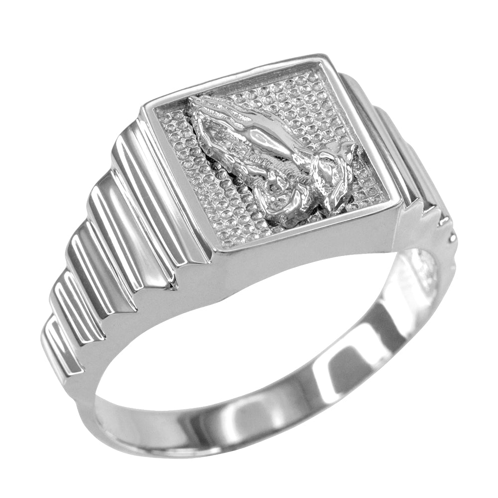 Sterling Silver Religious Praying Hands Textured Men's Signet Ring