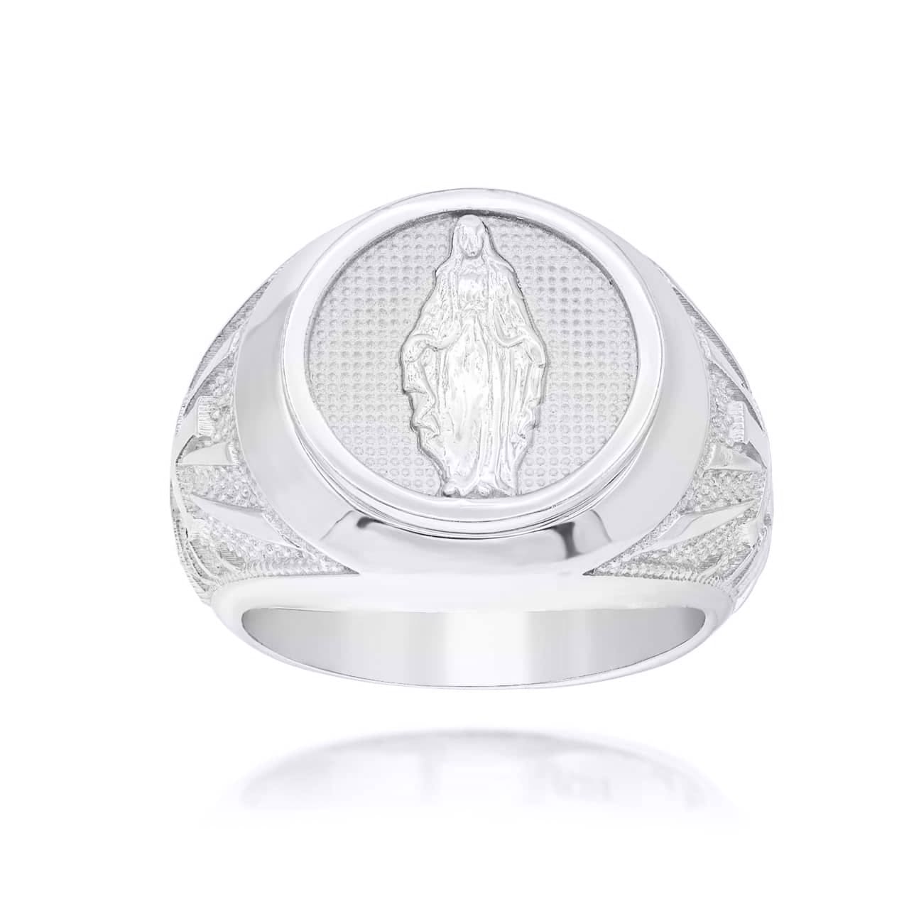 Sterling Silver Religious Virgin Mary Cross Beaded Signet Ring