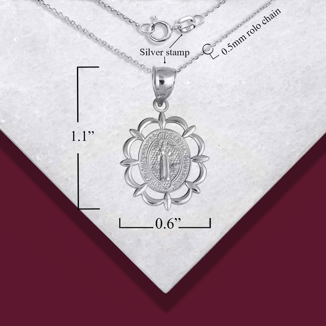 Sterling Silver Reversible Patron Saint Benedict Oval Medallion Pendant Necklace, view 3