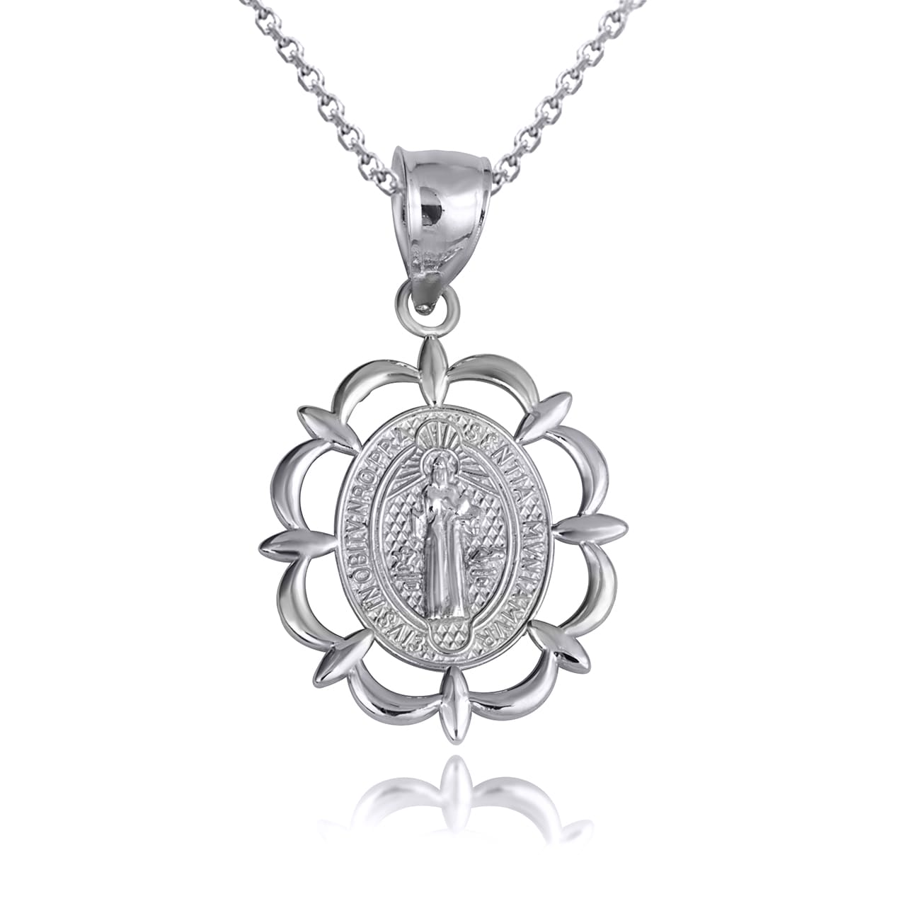 Sterling Silver Reversible Patron Saint Benedict Oval Medallion Pendant Necklace, view 4