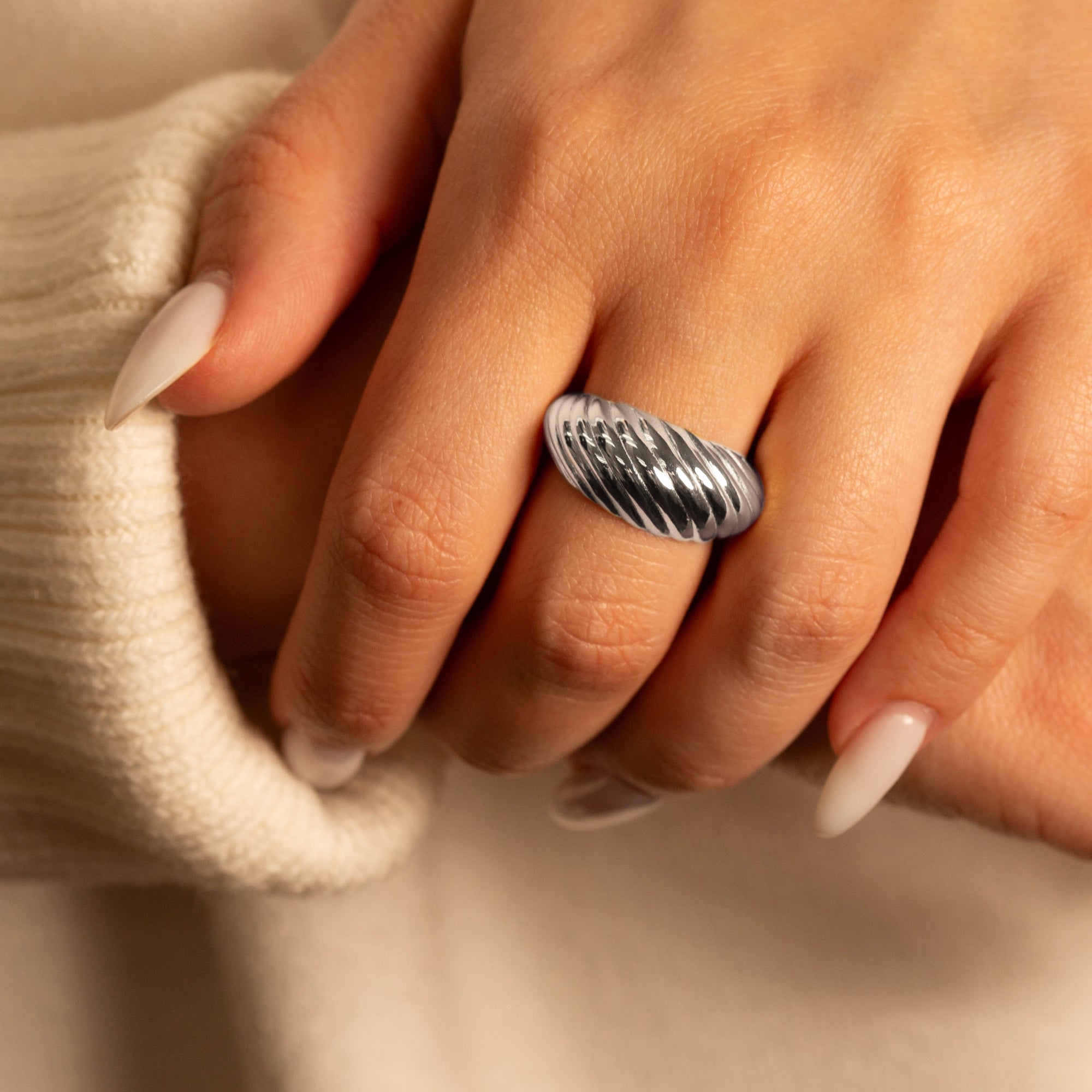 Sterling Silver Ribbed Dome Ring, view 2