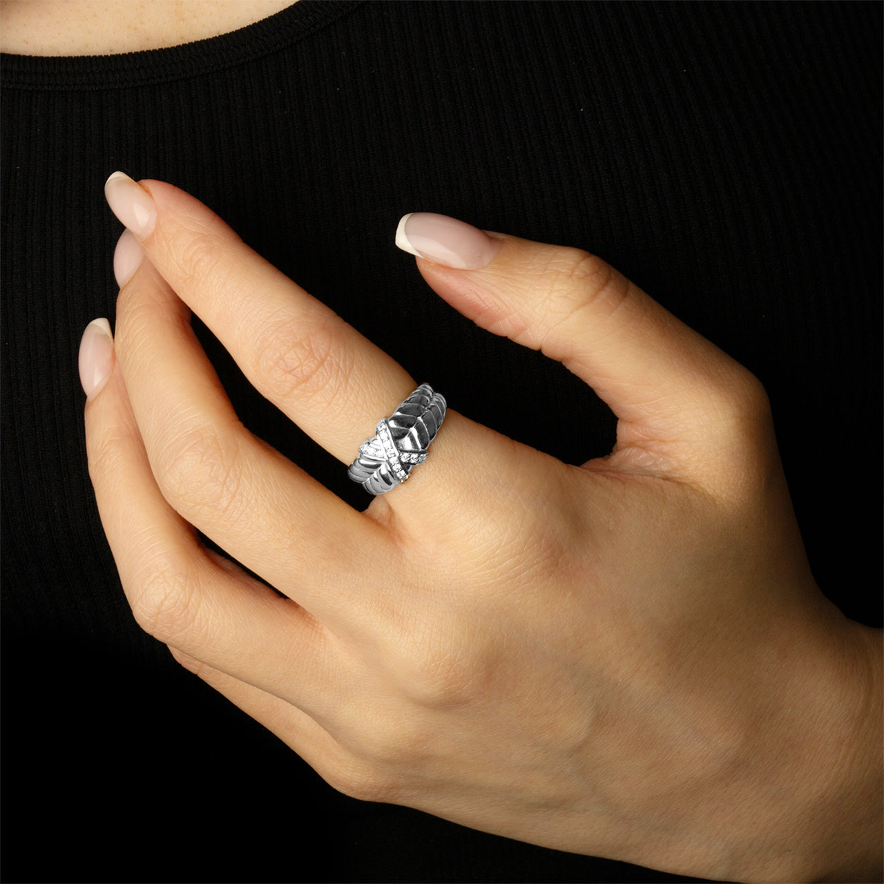 Sterling Silver Ribbed X Design Ring, view 2