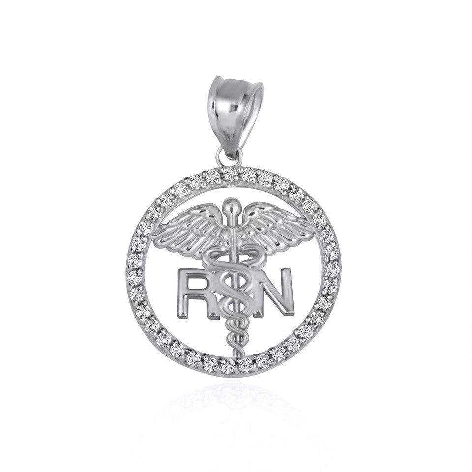 Sterling Silver RN Registered Nurse Medical Caduceus Staff Cubic Zirconia Halo Pendant Necklace