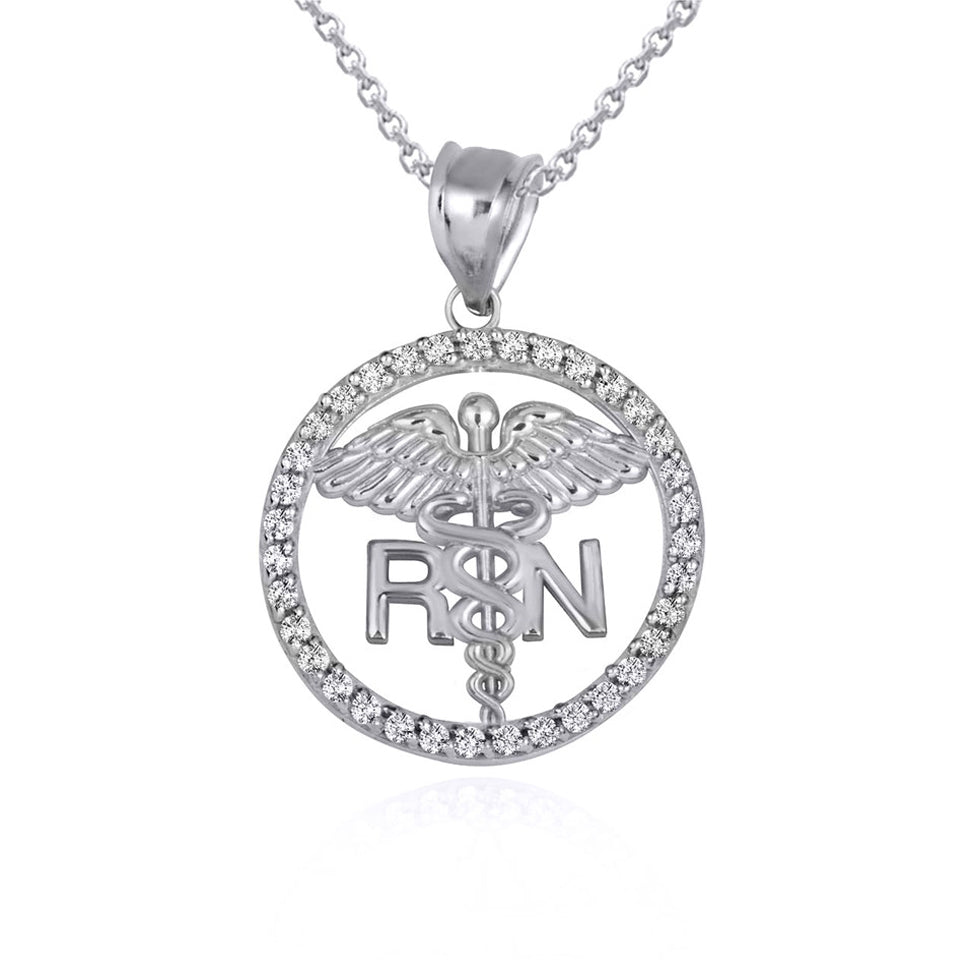Sterling Silver RN Registered Nurse Medical Caduceus Staff Cubic Zirconia Halo Pendant Necklace, view 4