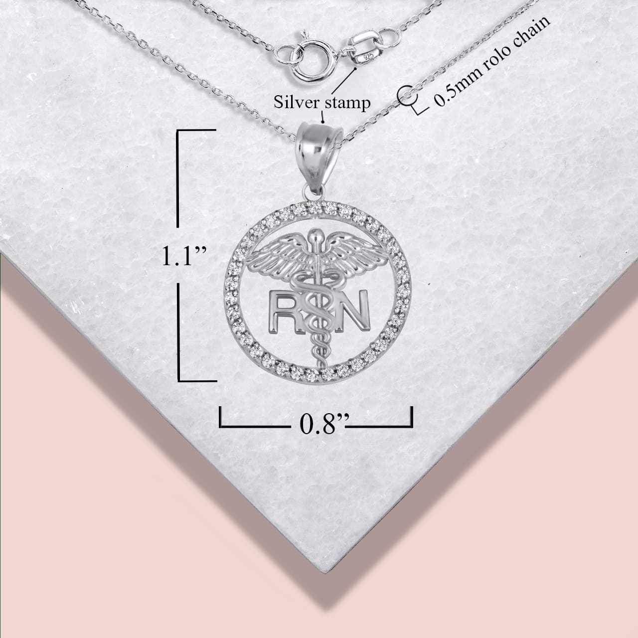 Sterling Silver RN Registered Nurse Medical Caduceus Staff Cubic Zirconia Halo Pendant Necklace, view 5