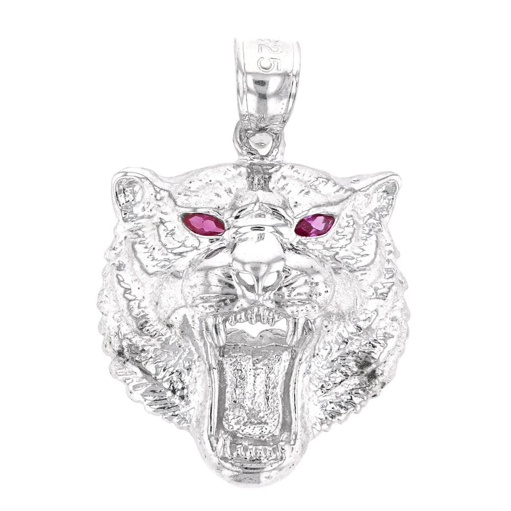Sterling Silver Roaring Bengal Tiger With Red CZ Eyes Pendant Necklace, view 2