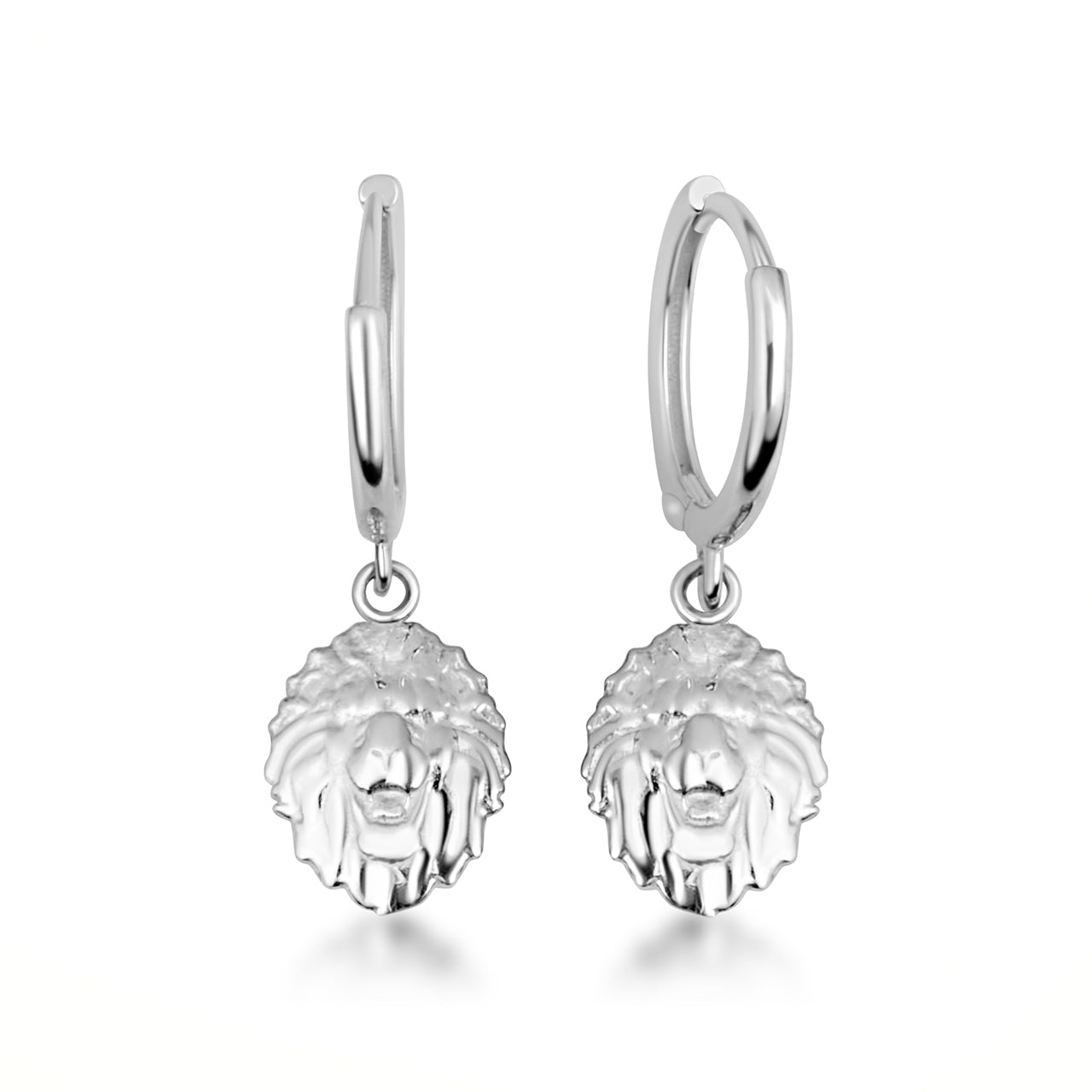 Sterling Silver Roaring Lion Drop Huggie Hoop Earrings