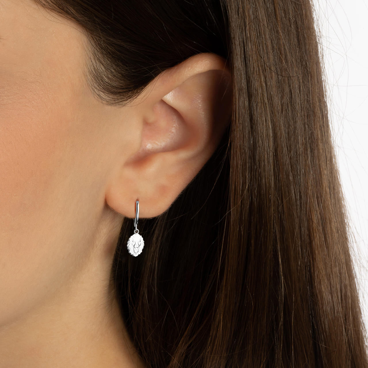 Sterling Silver Roaring Lion Drop Huggie Hoop Earrings, view 2