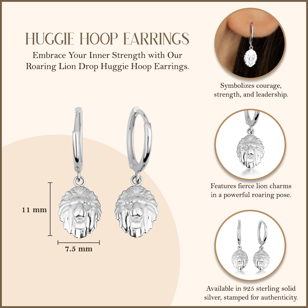 Sterling Silver Roaring Lion Drop Huggie Hoop Earrings, view 3