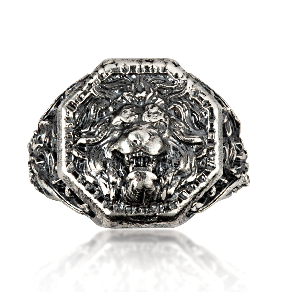 Sterling Silver Roaring Lion Head Men's Regal Signet Ring