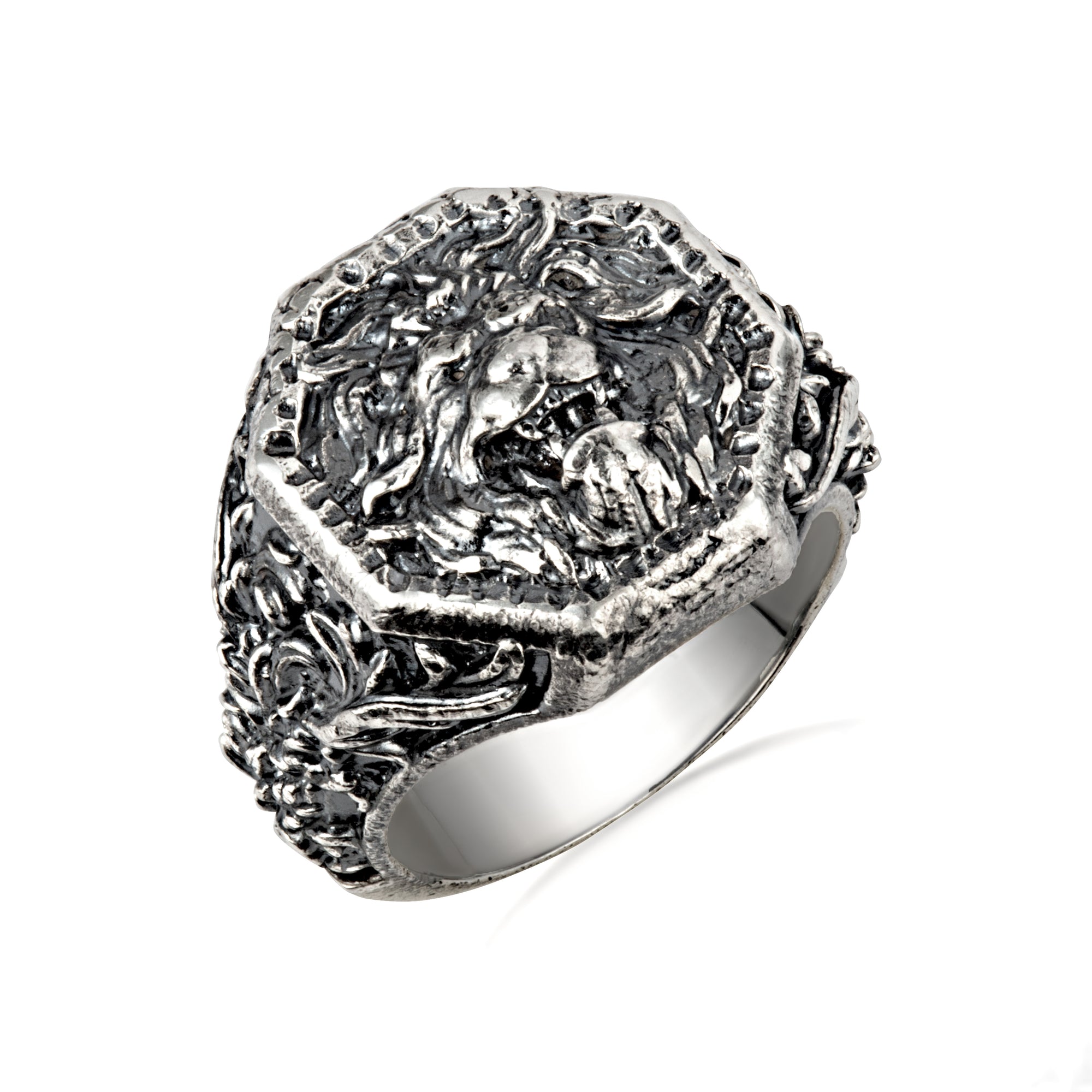 Sterling Silver Roaring Lion Head Men's Regal Signet Ring, view 3