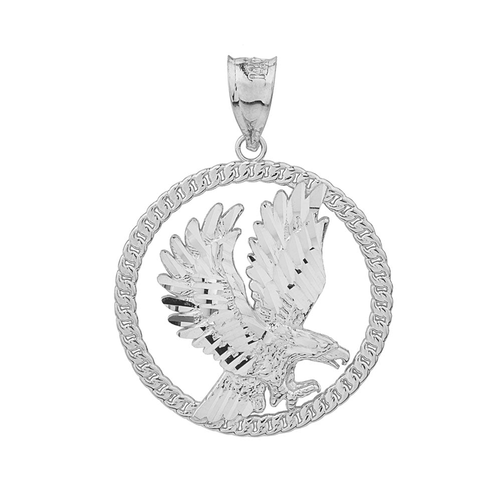 Sterling Silver Rope Frame Diamond Cut American Eagle Circle Pendant Necklace, view 2