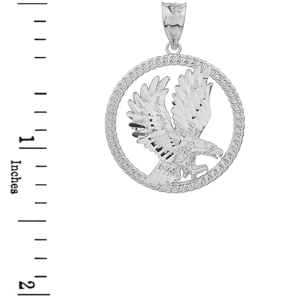 Sterling Silver Rope Frame Diamond Cut American Eagle Circle Pendant Necklace, view 3