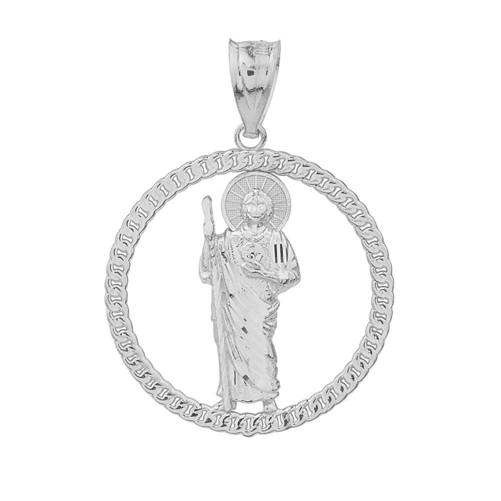 Sterling Silver Rope Frame Diamond Cut Saint Jude Circle Pendant Necklace, view 2