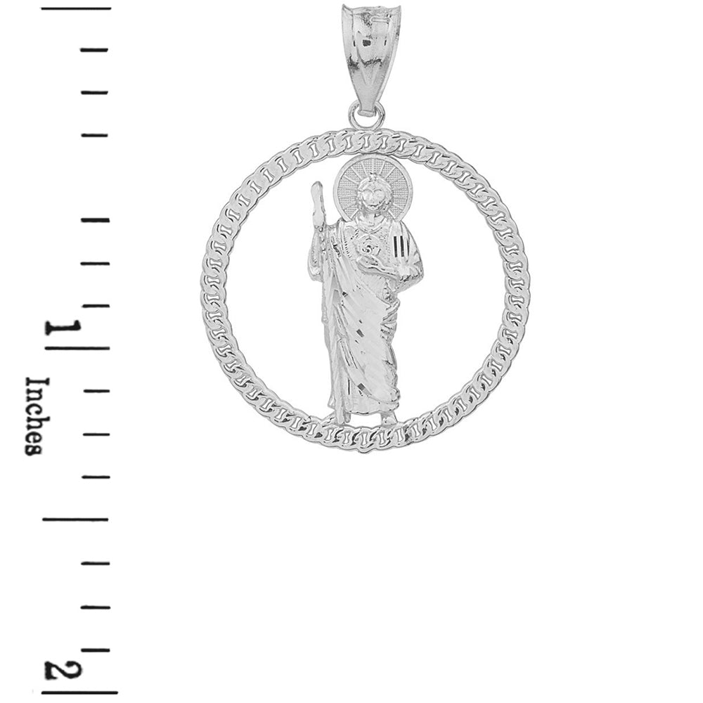 Sterling Silver Rope Frame Diamond Cut Saint Jude Circle Pendant Necklace, view 3