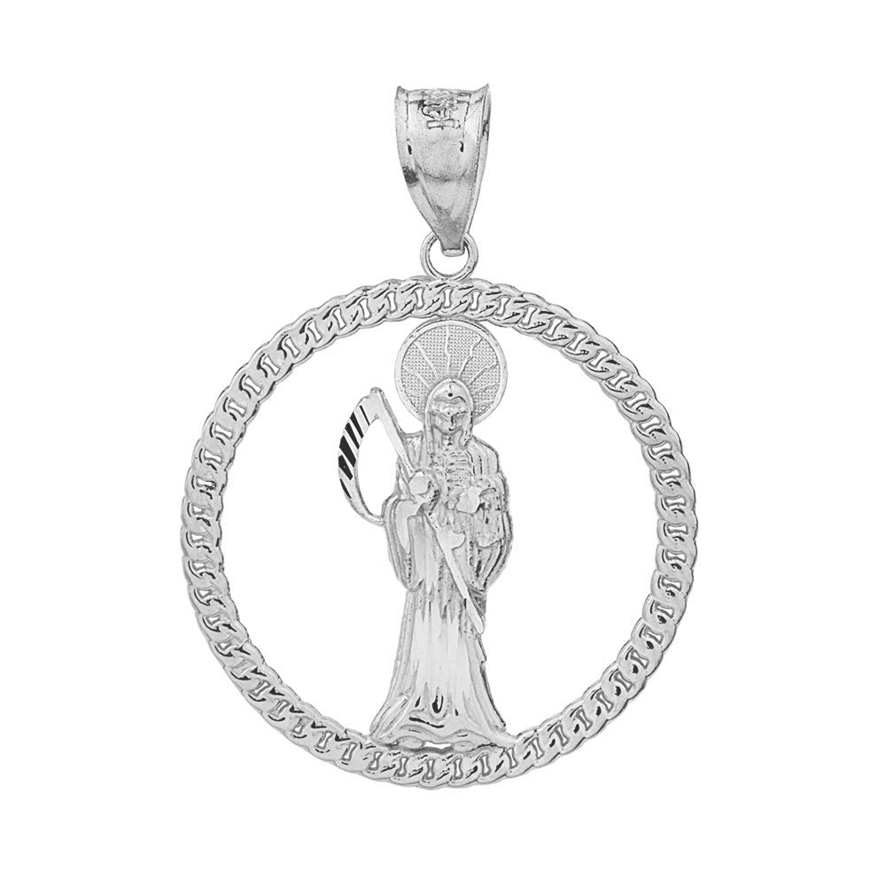 Sterling Silver Rope Frame Diamond Cut Santa Muerte Circle Pendant Necklace, view 2