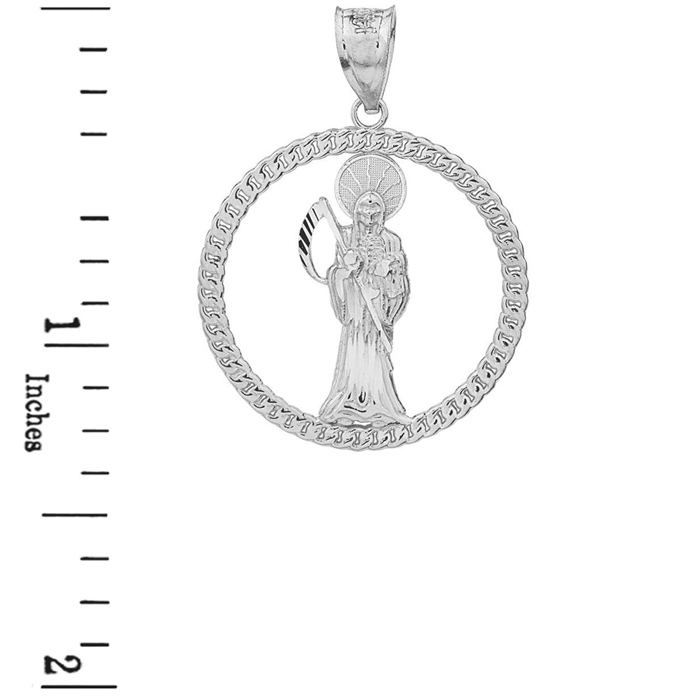 Sterling Silver Rope Frame Diamond Cut Santa Muerte Circle Pendant Necklace, view 3