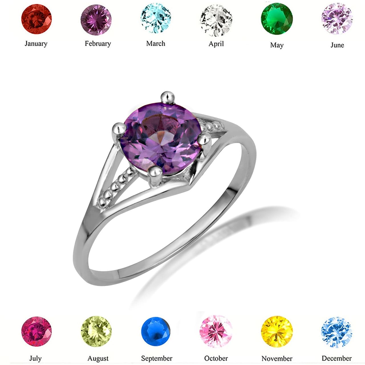 Sterling Silver Round Beaded Cubic Zirconia Birthstone Ring