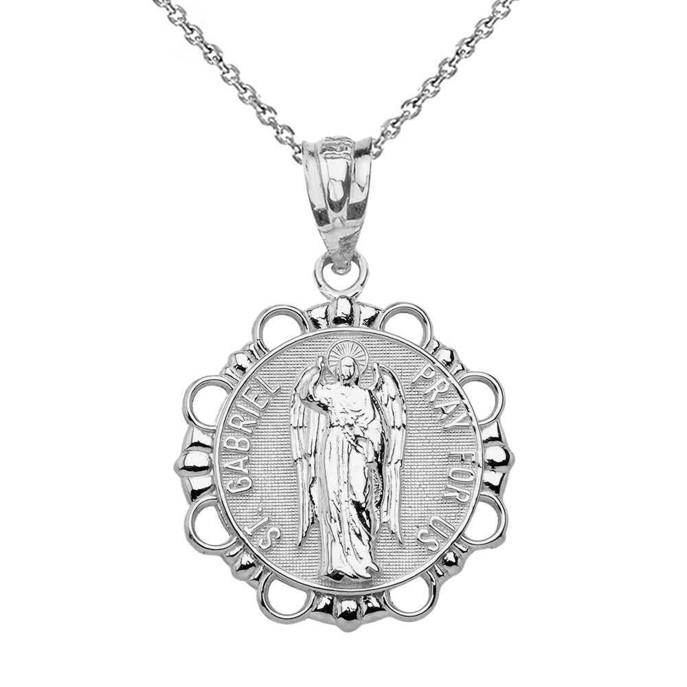 Sterling Silver Round Saint Gabriel Pendant Necklace