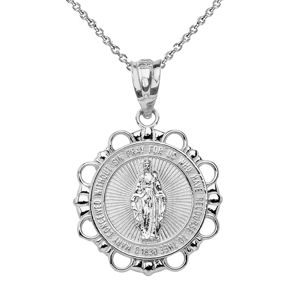 Sterling Silver Round Saint Mary Pendant Necklace