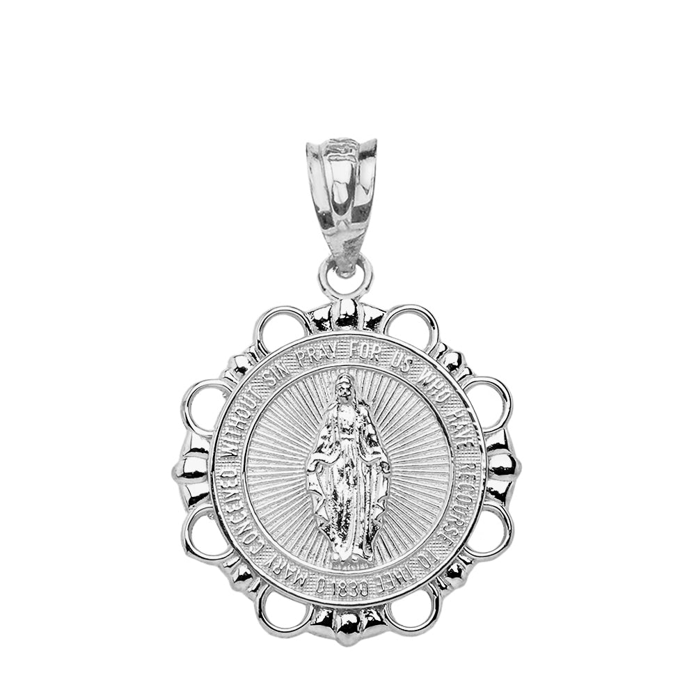 Sterling Silver Round Saint Mary Pendant Necklace, view 2