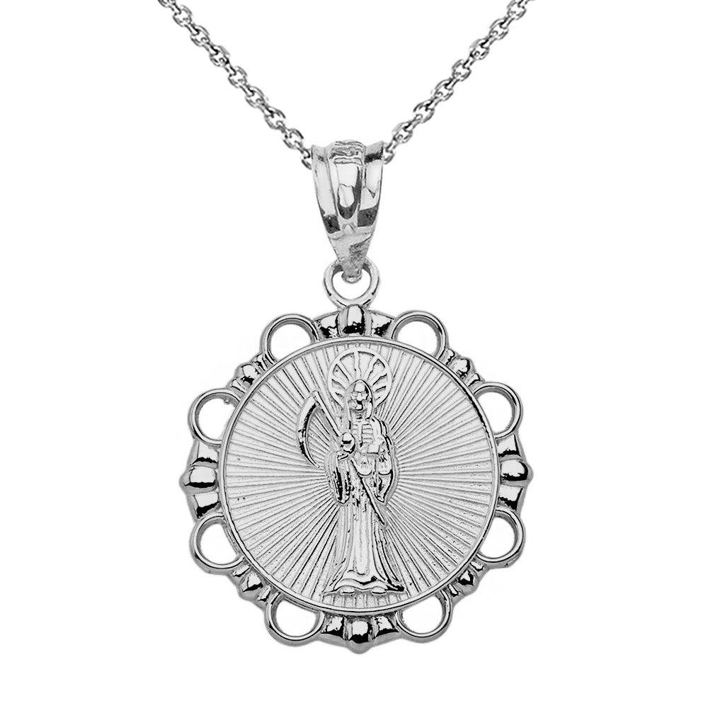 Sterling Silver Round Santa Muerte Pendant Necklace