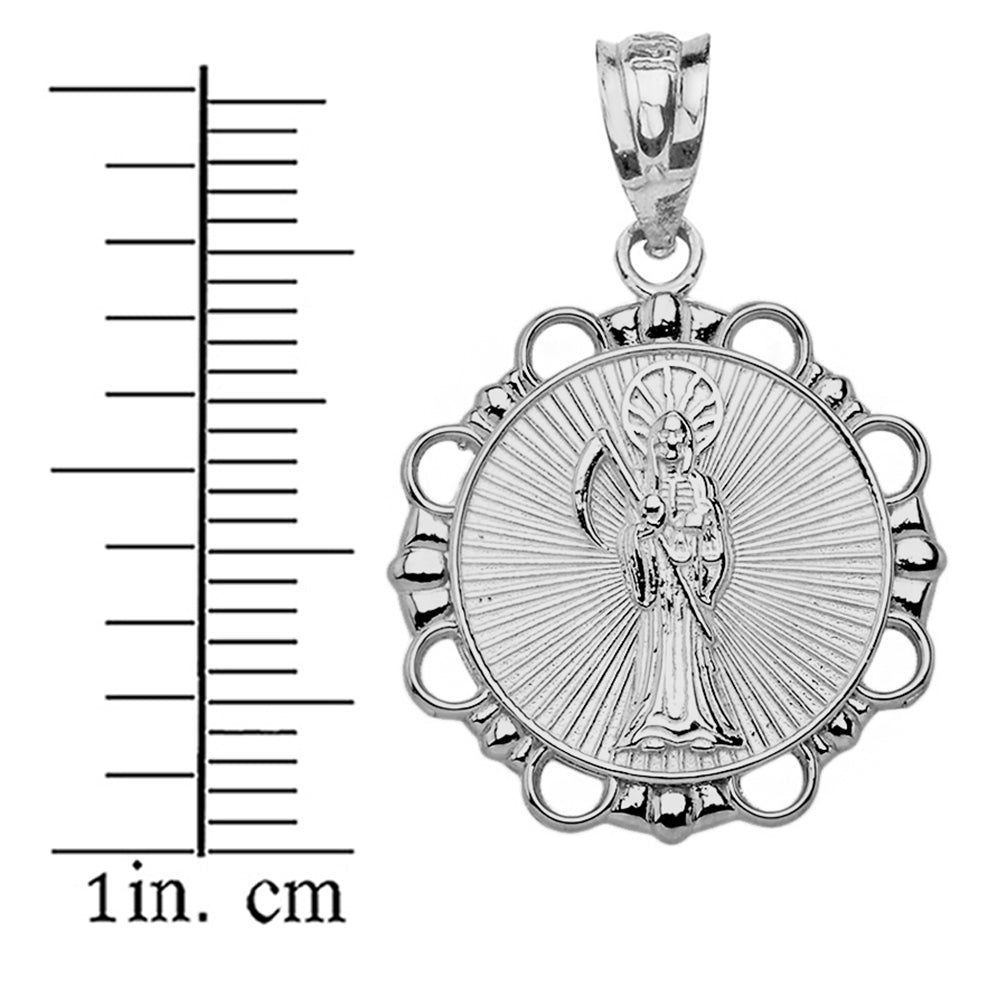 Sterling Silver Round Santa Muerte Pendant Necklace, view 3