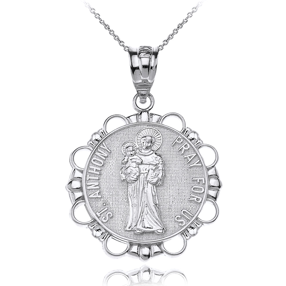 Sterling Silver Saint Anthony Pray For Us Circle Pendant Necklace