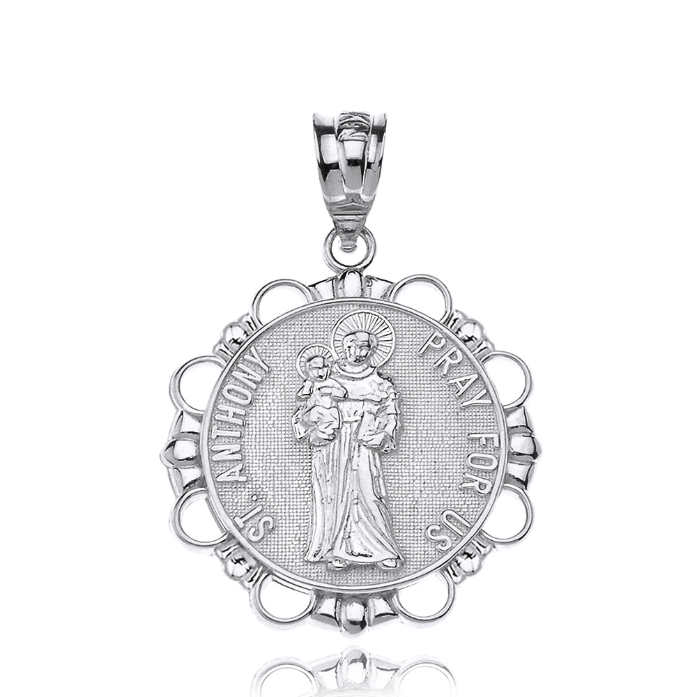 Sterling Silver Saint Anthony Pray For Us Circle Pendant Necklace, view 2