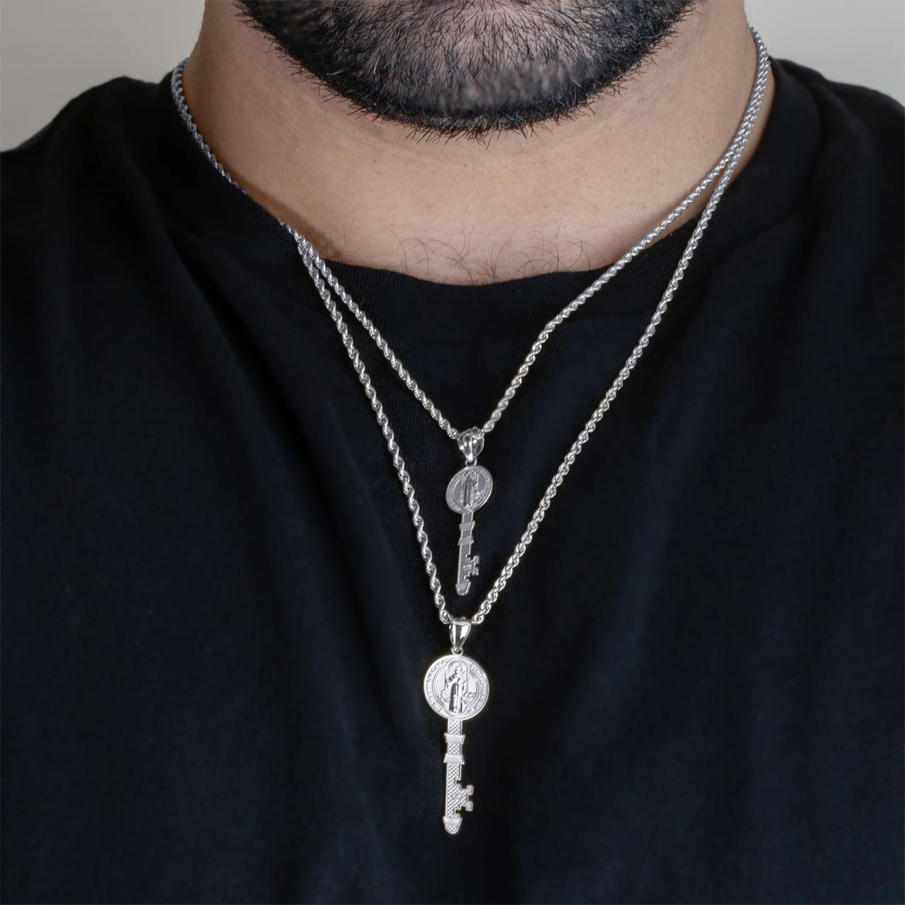 Sterling Silver Saint Benedict Medal Key Textured Pendant Necklace, view 2