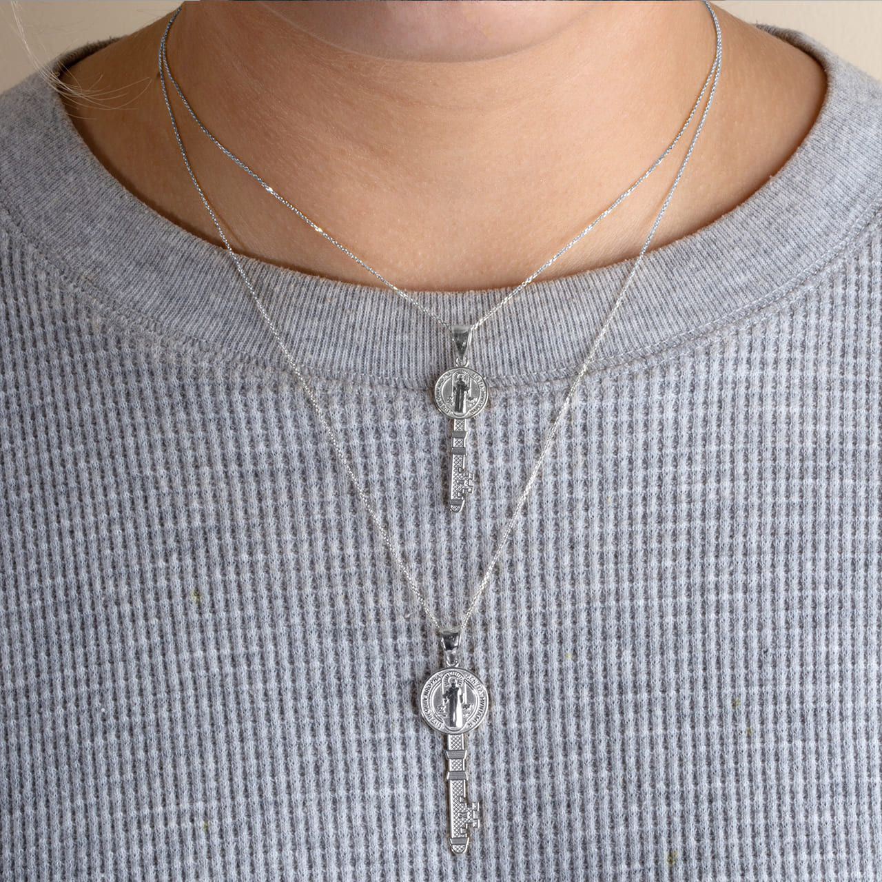 Sterling Silver Saint Benedict Medal Key Textured Pendant Necklace, view 3