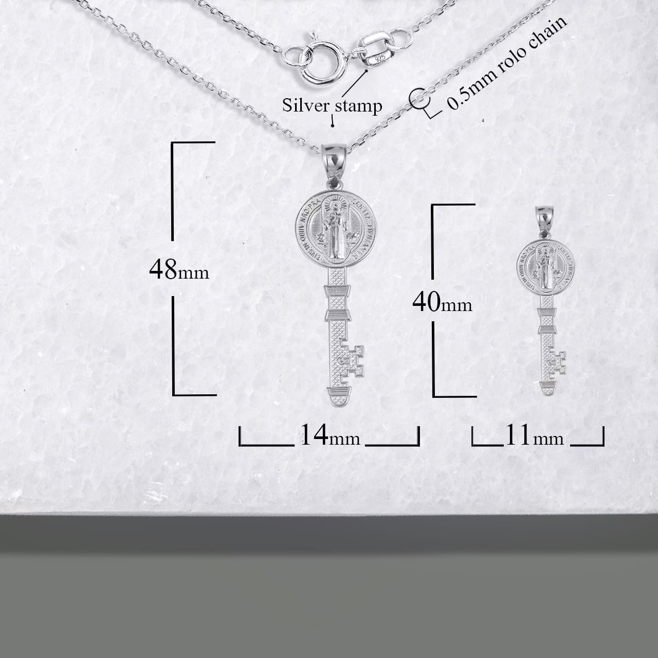 Sterling Silver Saint Benedict Medal Key Textured Pendant Necklace, view 4