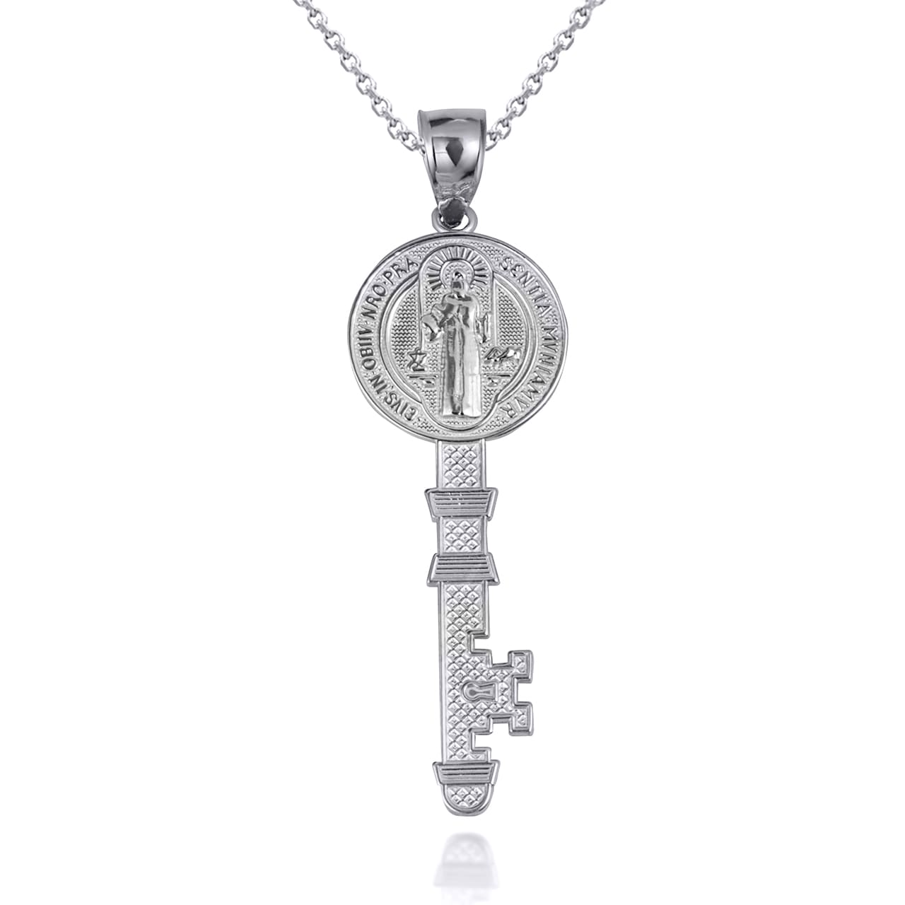 Sterling Silver Saint Benedict Medal Key Textured Pendant Necklace, view 6