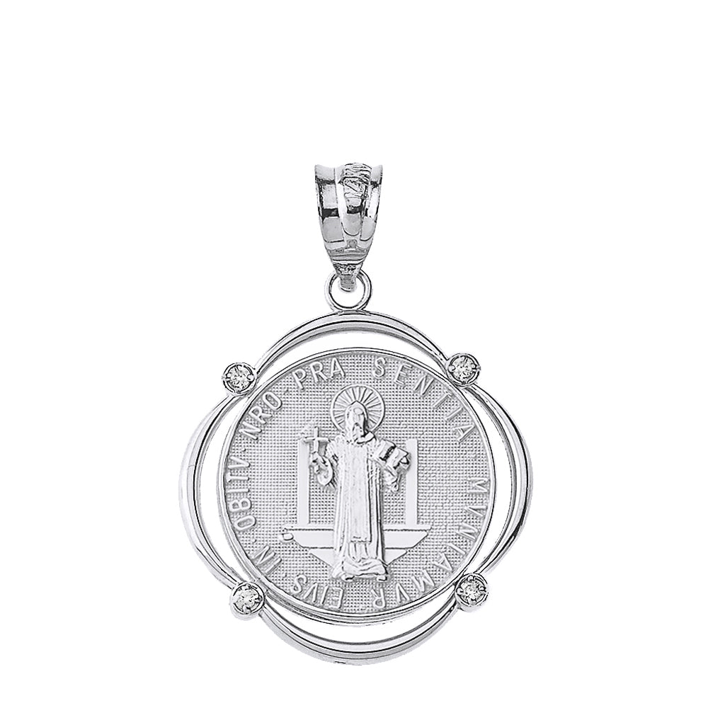 Sterling Silver Saint Benito CZ Circular Frame Pendant Necklace, view 2