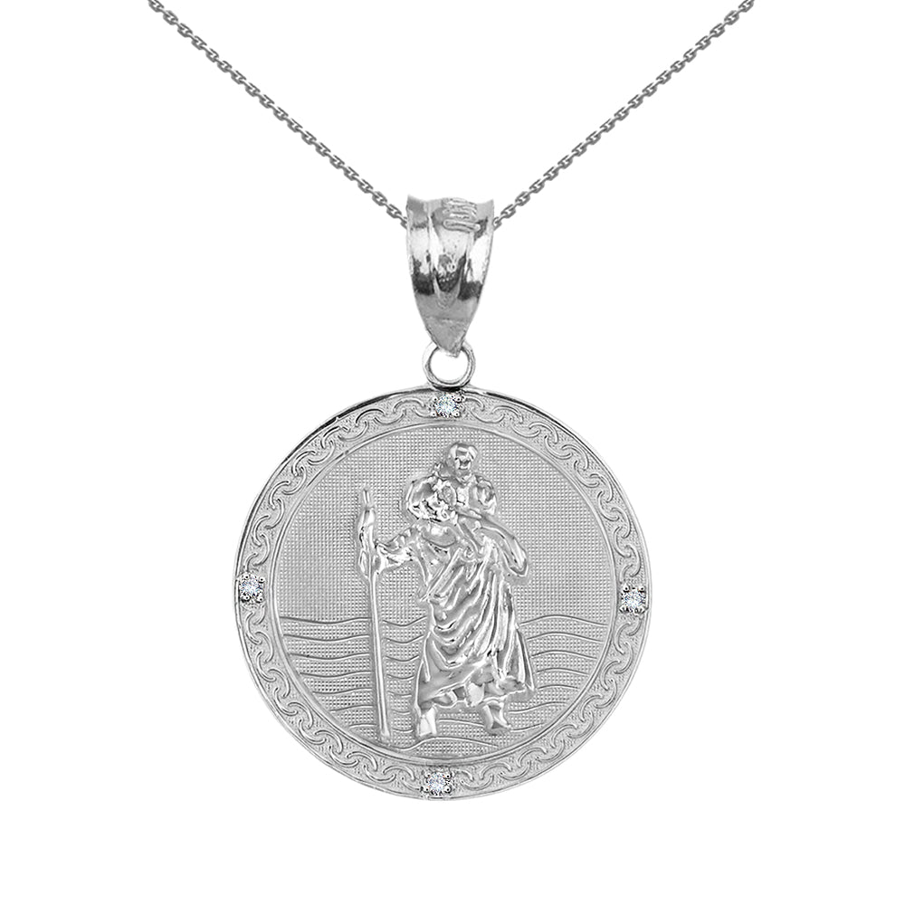 Sterling Silver Saint Christopher Engravable Medallion Circle CZ Pendant Necklace (1")