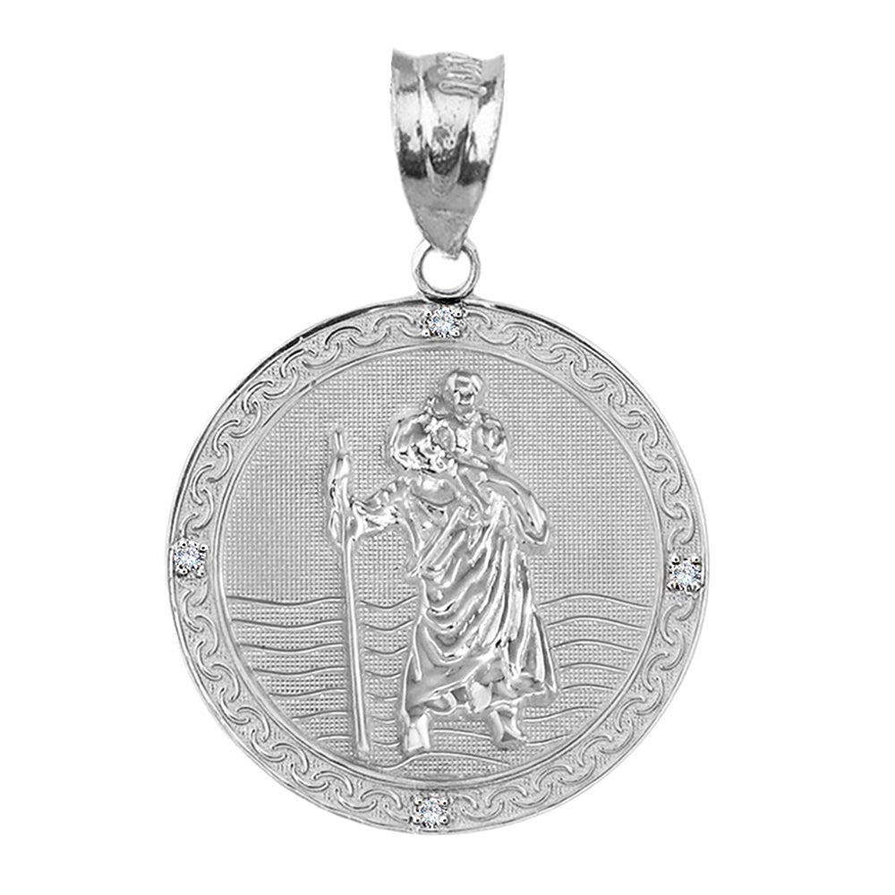 Sterling Silver Saint Christopher Engravable Medallion Circle CZ Pendant Necklace (1"), view 2