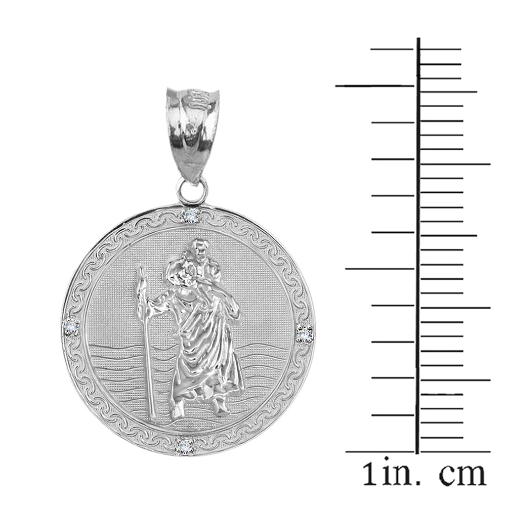 Sterling Silver Saint Christopher Engravable Medallion Circle CZ Pendant Necklace (1"), view 3